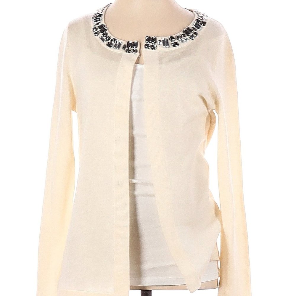 Banana Republic Open Front Cardigan w/ Jewel Embellished Neckline in Cream XS